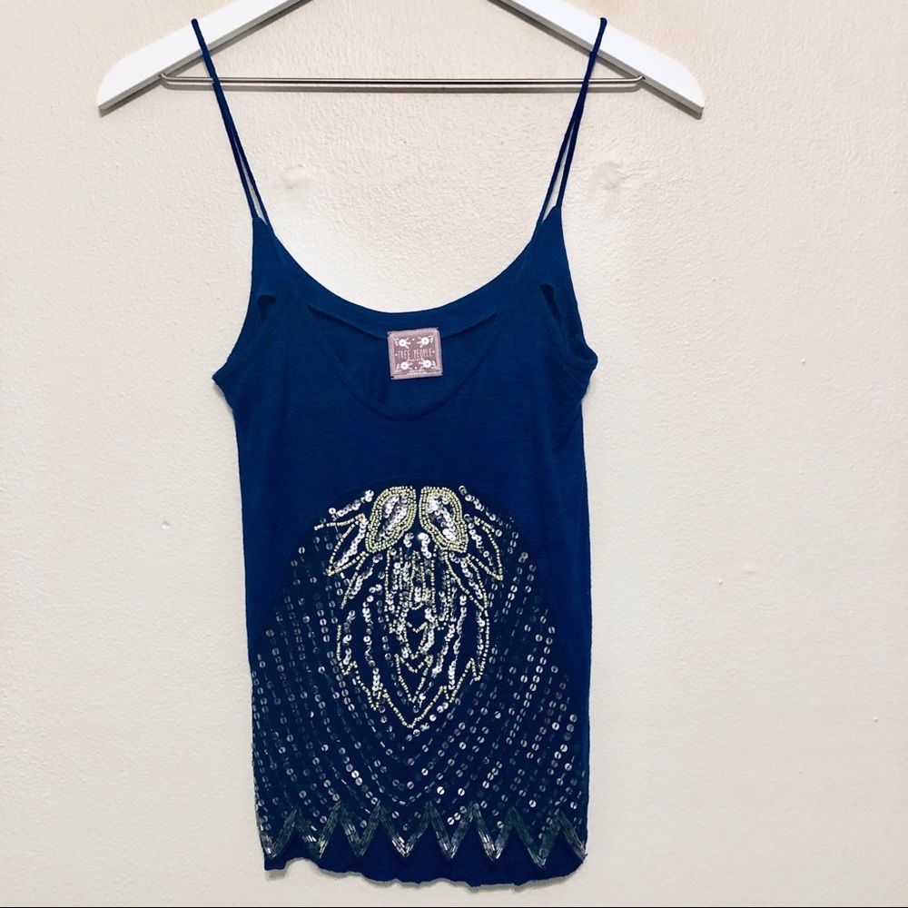 Free People Royal Blue Sequin Cami Spaghetti Strap, Soft 100% Viscose